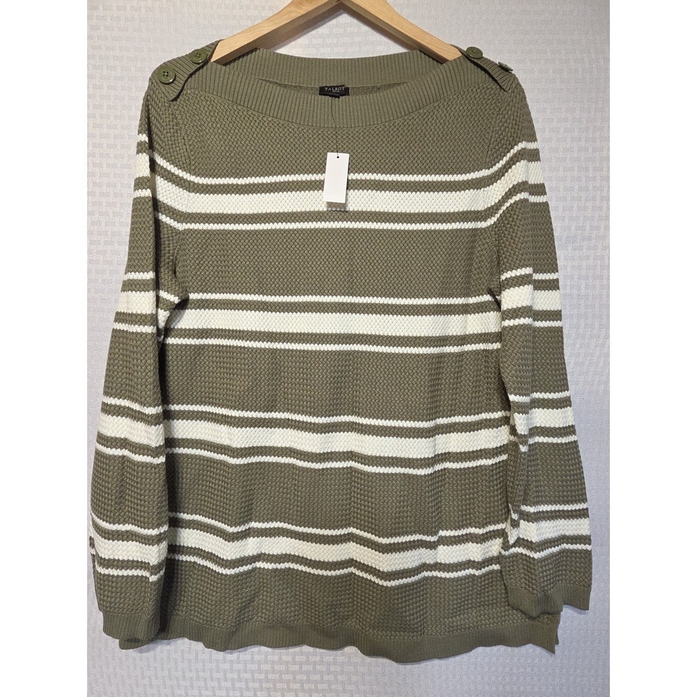 Talbots Olive & White Striped Cowl-Neck Button Shoulder Sweater